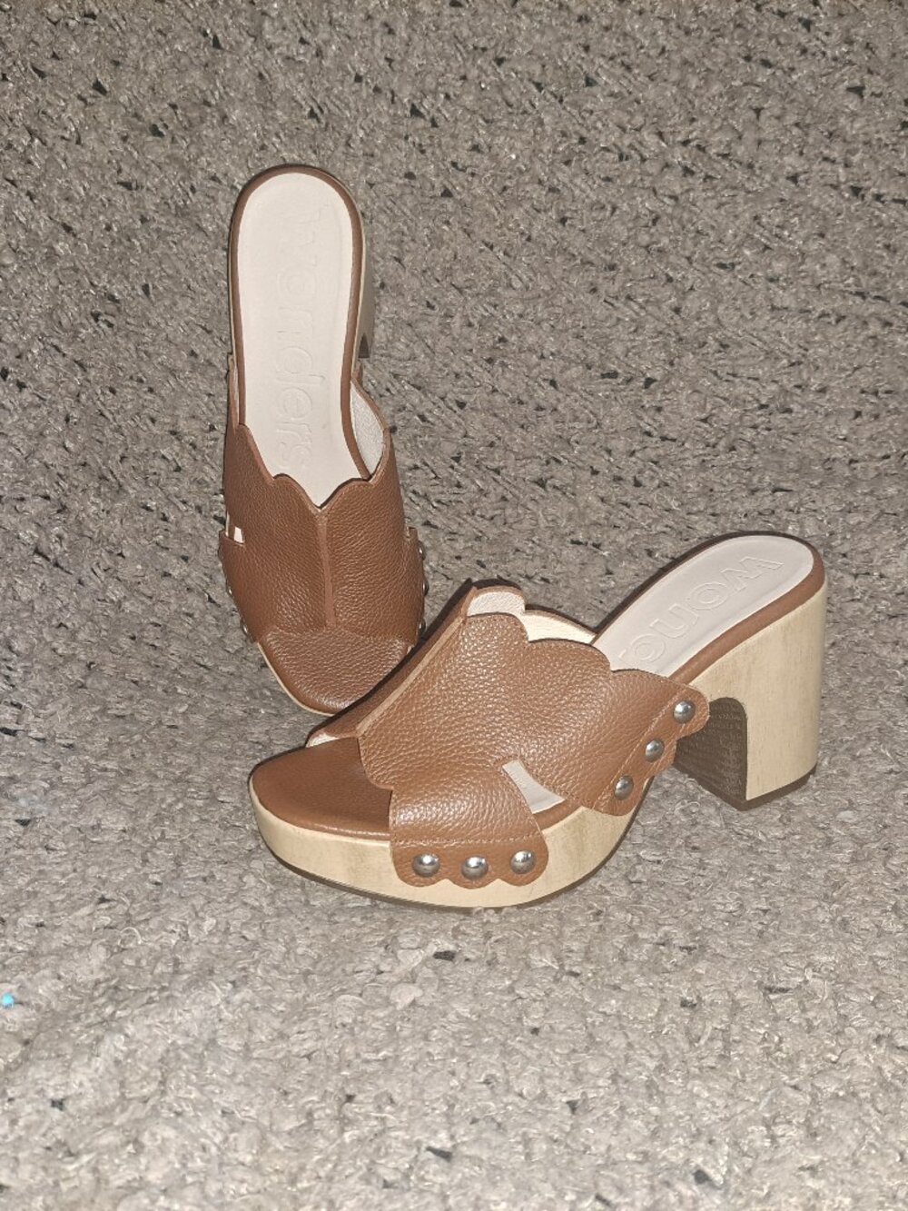 WONDERS-Chestnut Leather Platform Sandals-Slides-Slip-On-Wood Heels-Sz 37-NWOB